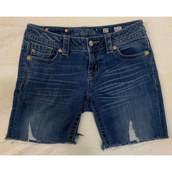 MISS ME Mid-Short Embellished Cut-Off Jean Shorts Sz 27 - Picture 1 of 12